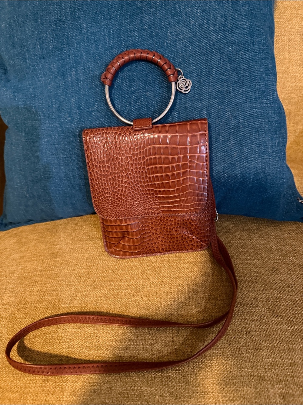 Cognac Croc-Embossed Ring Handle Crossbody Bag